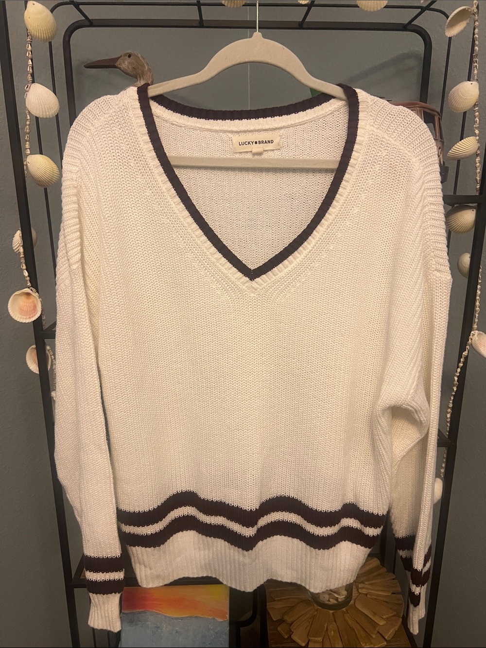 Lucky Brand Cream V-Neck Sweater with burgundy Trim